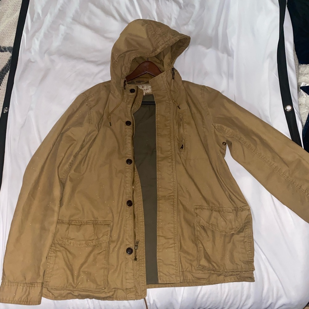 Tan jacket with long strings and pockets